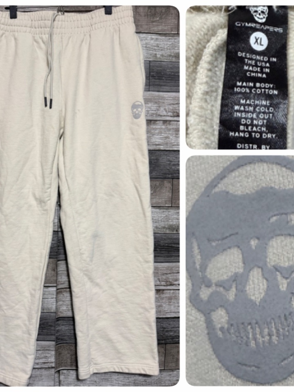 Gym Reapers Heavyweight Fleece Sweatpants XL Cream Skull Logo (Inseam 30) READ